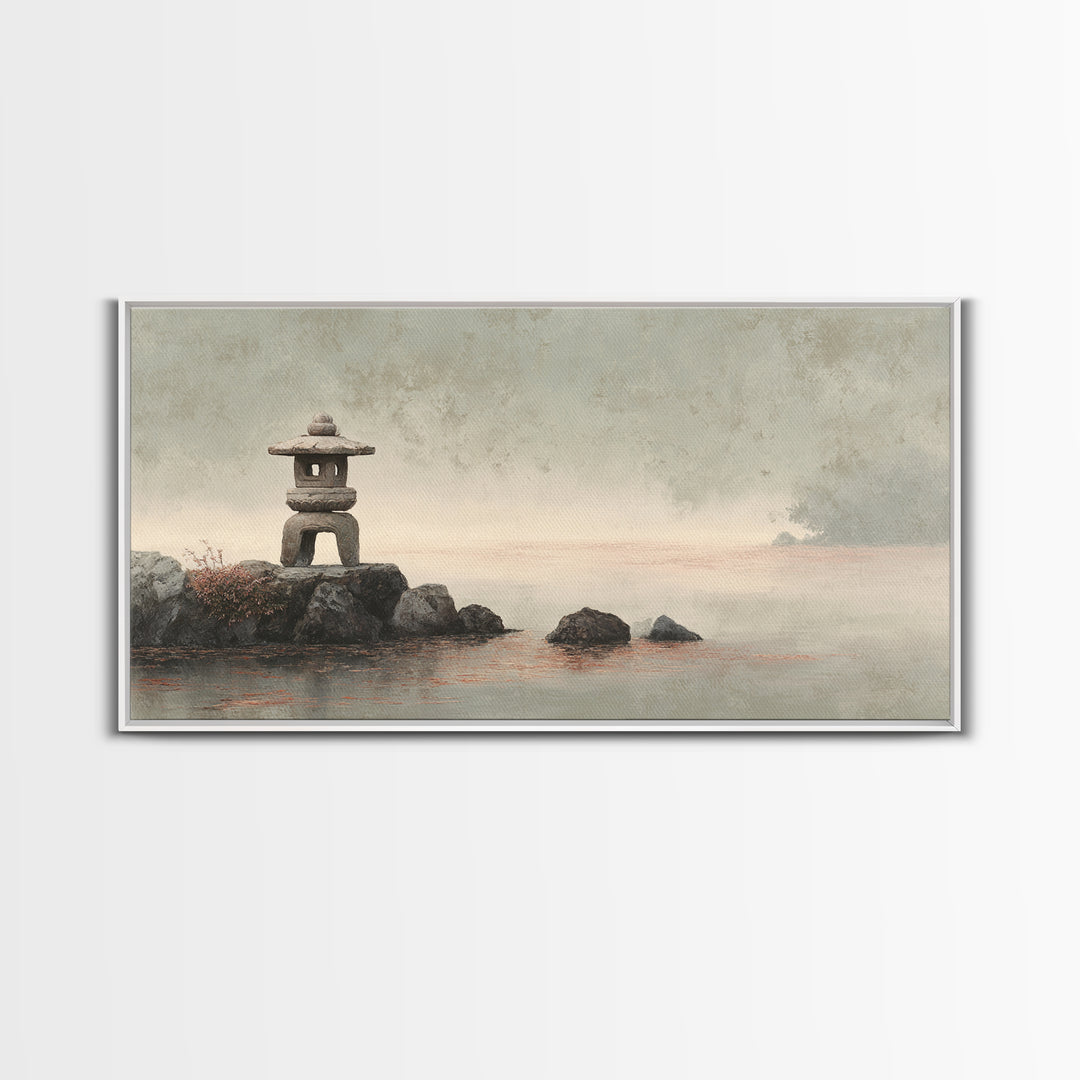 Stone Lantern in Morning Fog Without Garden Framed Canvas Print, Zen Art, Digital Print, Living Room Decor, Fine Art, Zen, ZEN-2x1-86