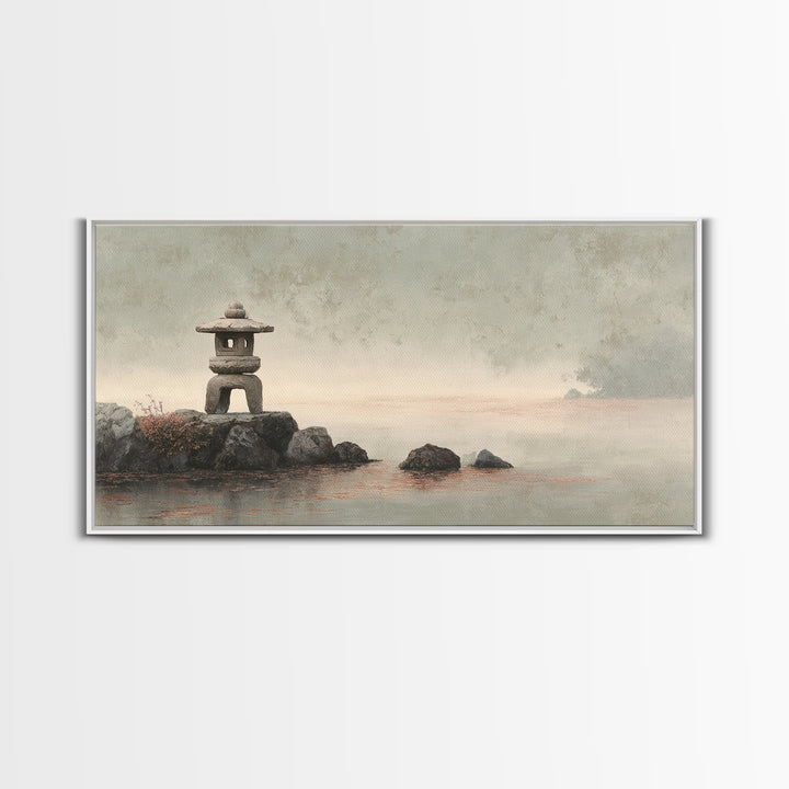 Stone Lantern in Morning Fog Without Garden Framed Canvas Print, Zen Art, Digital Print, Living Room Decor, Fine Art, Zen, ZEN-2x1-86