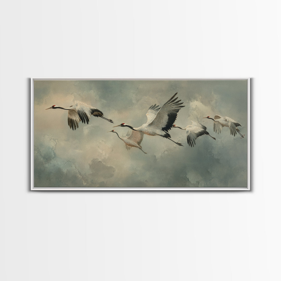 Crane Flying Across Pale Sun Framed Canvas Print, Zen Art, Japanese Wall Art, Living Room Decor, Oil Painting, Zen, ZEN-2x1-92
