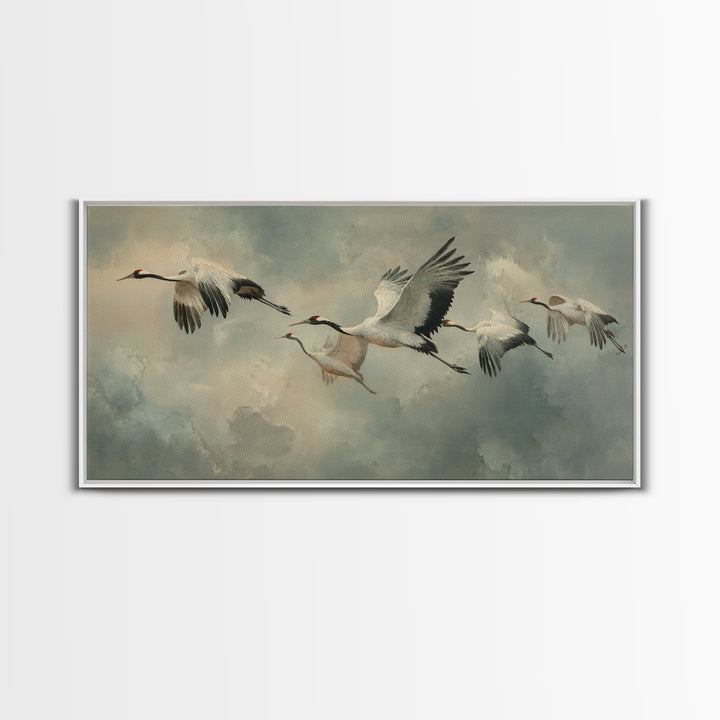 Crane Flying Across Pale Sun Framed Canvas Print, Zen Art, Japanese Wall Art, Living Room Decor, Oil Painting, Zen, ZEN-2x1-92