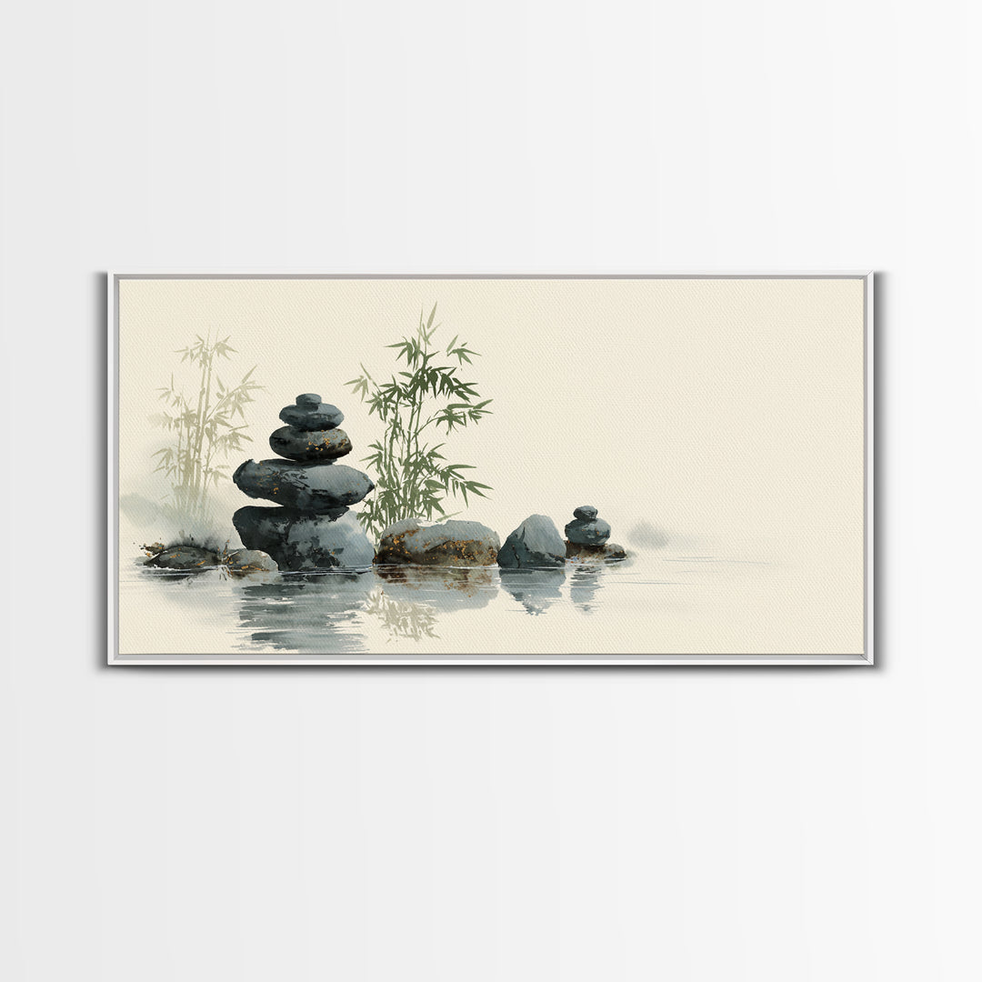 Stacked Stones Beside Still Water Framed Canvas Print, Zen Art, Statement Artwork, Living Room Decor, Fine Art, Zen, ZEN-2x1-95