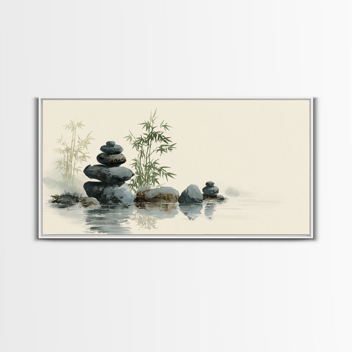 Stacked Stones Beside Still Water Framed Canvas Print, Zen Art, Statement Artwork, Living Room Decor, Fine Art, Zen, ZEN-2x1-95