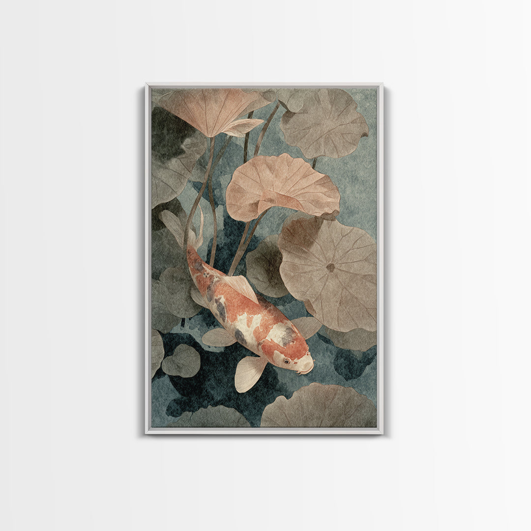 Koi Fish Beneath Floating Lotus Leaves Framed Canvas Print, Zen Art, Japanese Wall Art, Living Room Decor, Oil Painting, Zen, ZEN-2x3-12