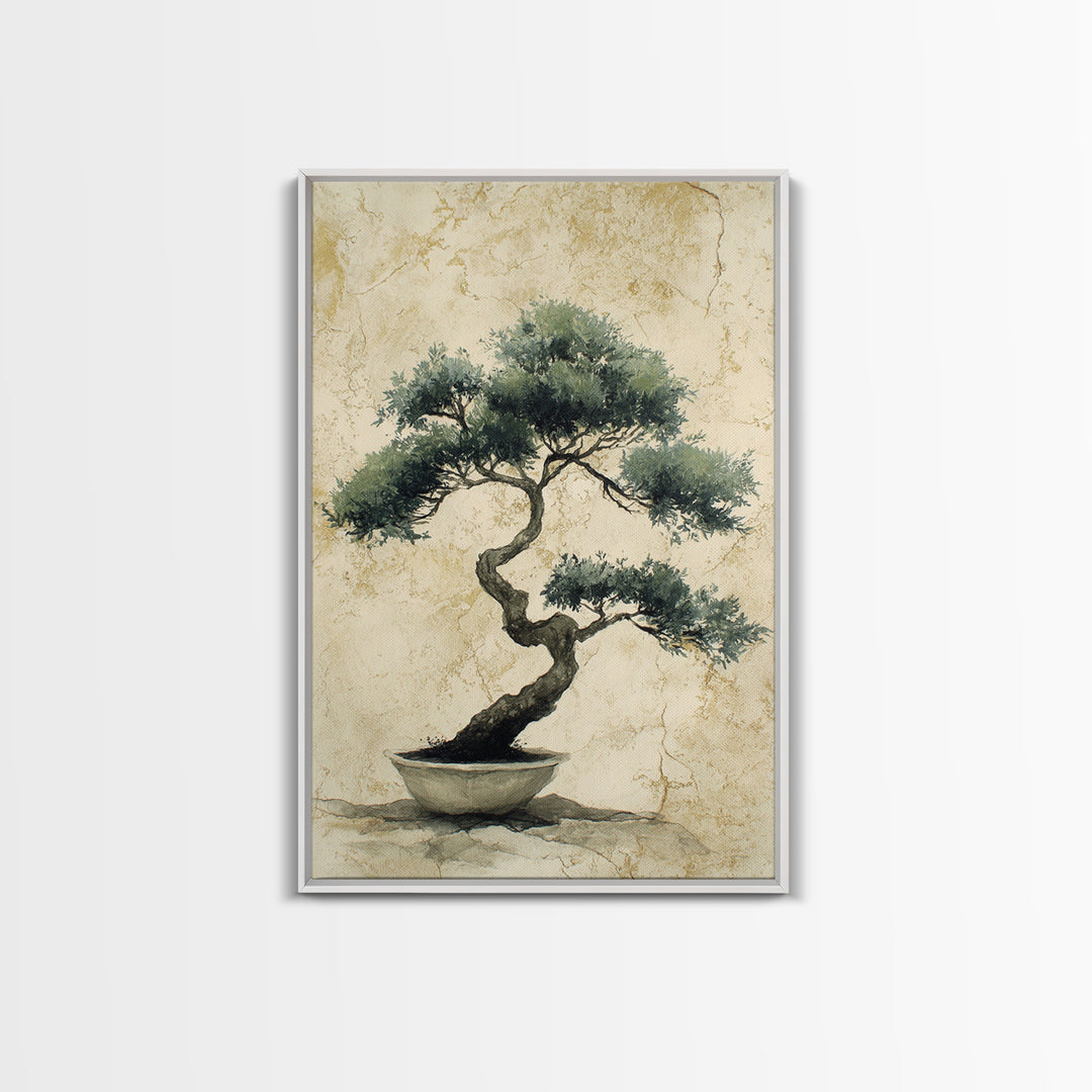 Bonsai Tree in Simple Ceramic Pot Framed Canvas Print, Zen Art, Extra Large Wall Art, Living Room Decor, Oil Painting, Zen, ZEN-2x3-20