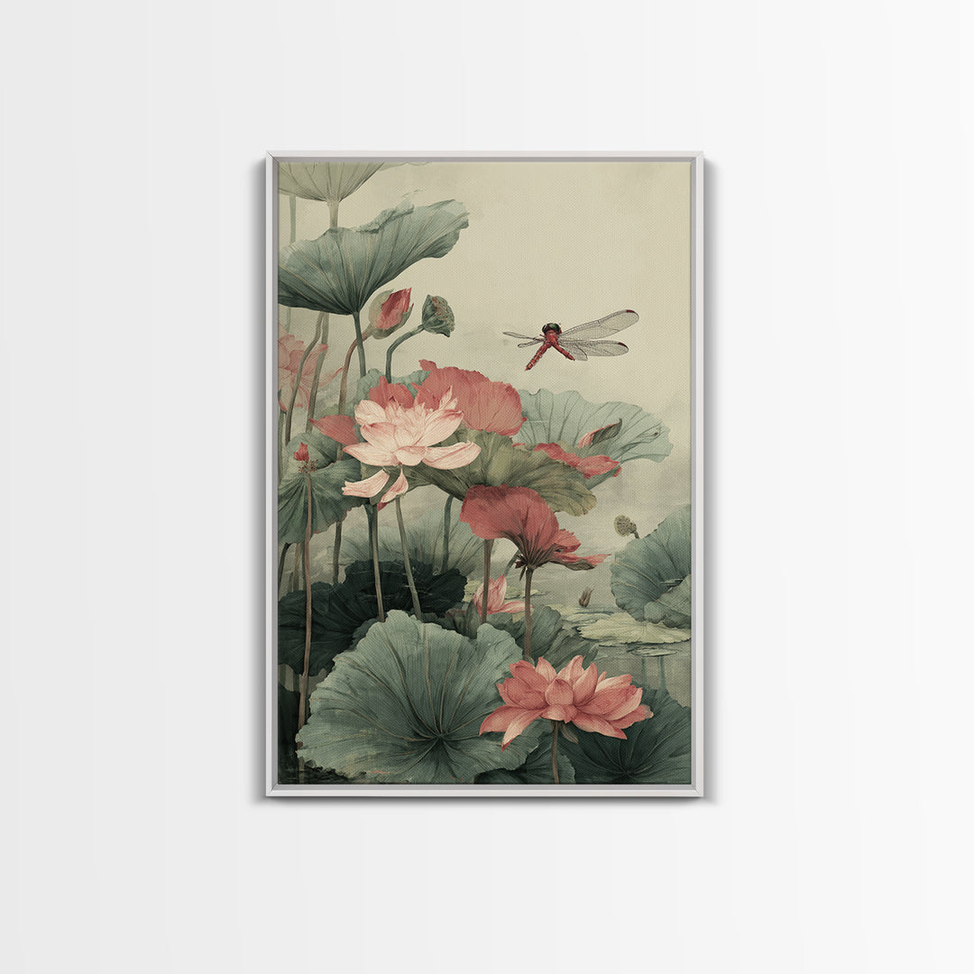 Dragonfly over Lotus Pond Framed Canvas Print, Zen Art, Minimalist Decor, Living Room Decor, Fine Art, Zen, Printable Art, ZEN-2x3-24