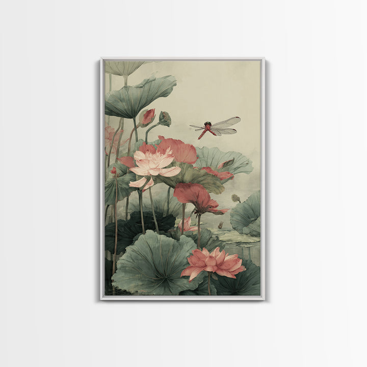 Dragonfly over Lotus Pond Framed Canvas Print, Zen Art, Minimalist Decor, Living Room Decor, Fine Art, Zen, Printable Art, ZEN-2x3-24