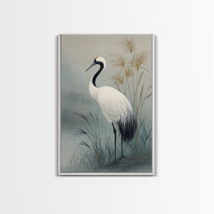 White Crane Standing Canvas Print, Zen Art, Minimalist Wall Art, Living Room Decor, Zen, Fine Art Print, Statement Artwork, ZEN-2x3-39
