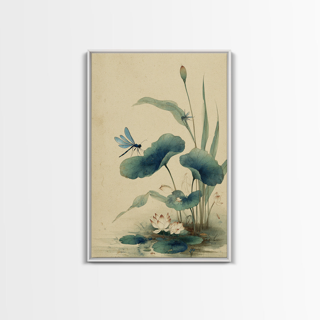 Dragonfly over Lotus Pond Framed Canvas Print, Zen Art, Living Room Decor, Watercolor Art, Zen, Extra Large Wall Art, ZEN-2x3-48