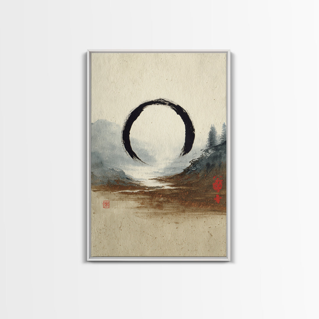Single Black Ens Circle on Warm Paper Canvas Print, Zen Art, Wabi Sabi Art, Living Room Decor, Oil Painting, Zen, ZEN-2x3-57