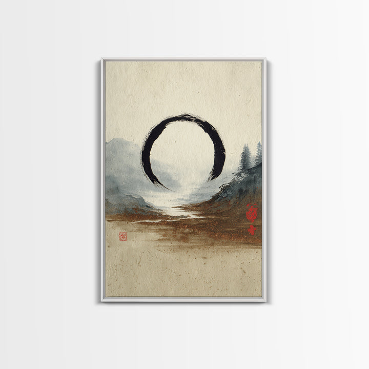Single Black Ens Circle on Warm Paper Canvas Print, Zen Art, Wabi Sabi Art, Living Room Decor, Oil Painting, Zen, ZEN-2x3-57