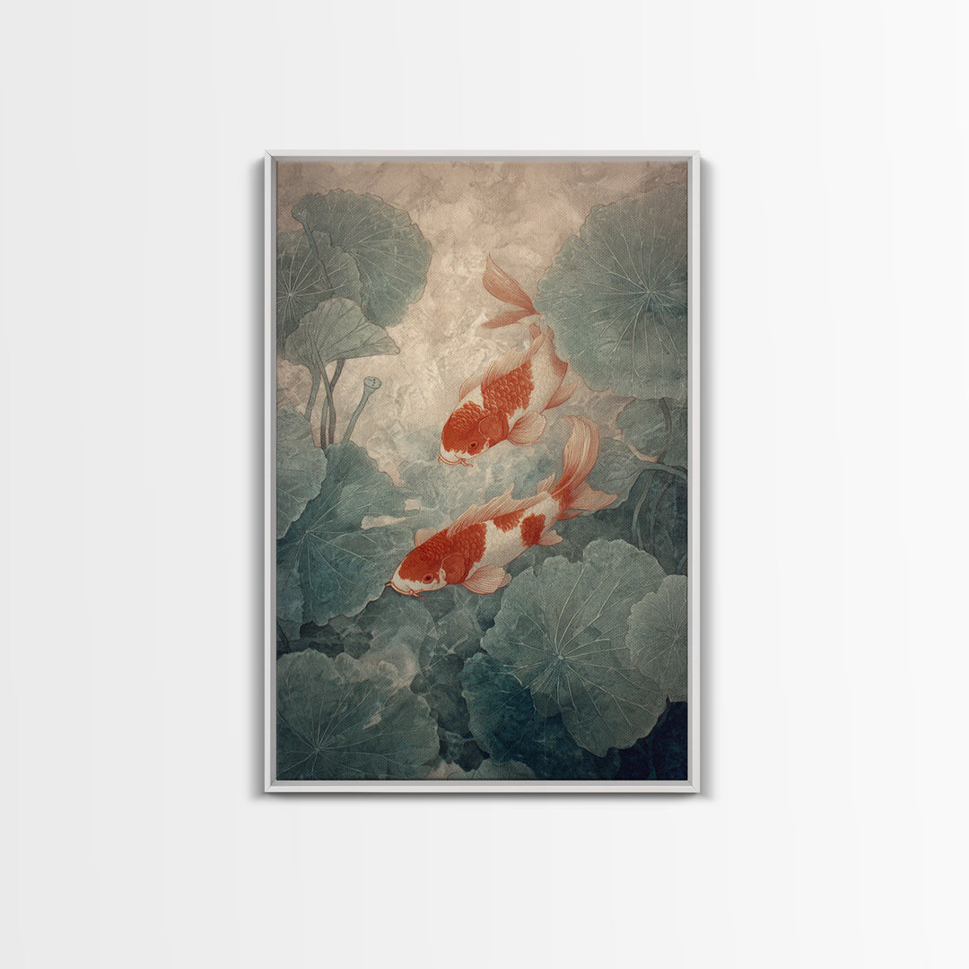 Koi Fish Beneath Floating Lotus Leaves Framed Canvas Print, Zen Art, Japandi Wall Art, Living Room Decor, Fine Art, Zen, ZEN-2x3-60
