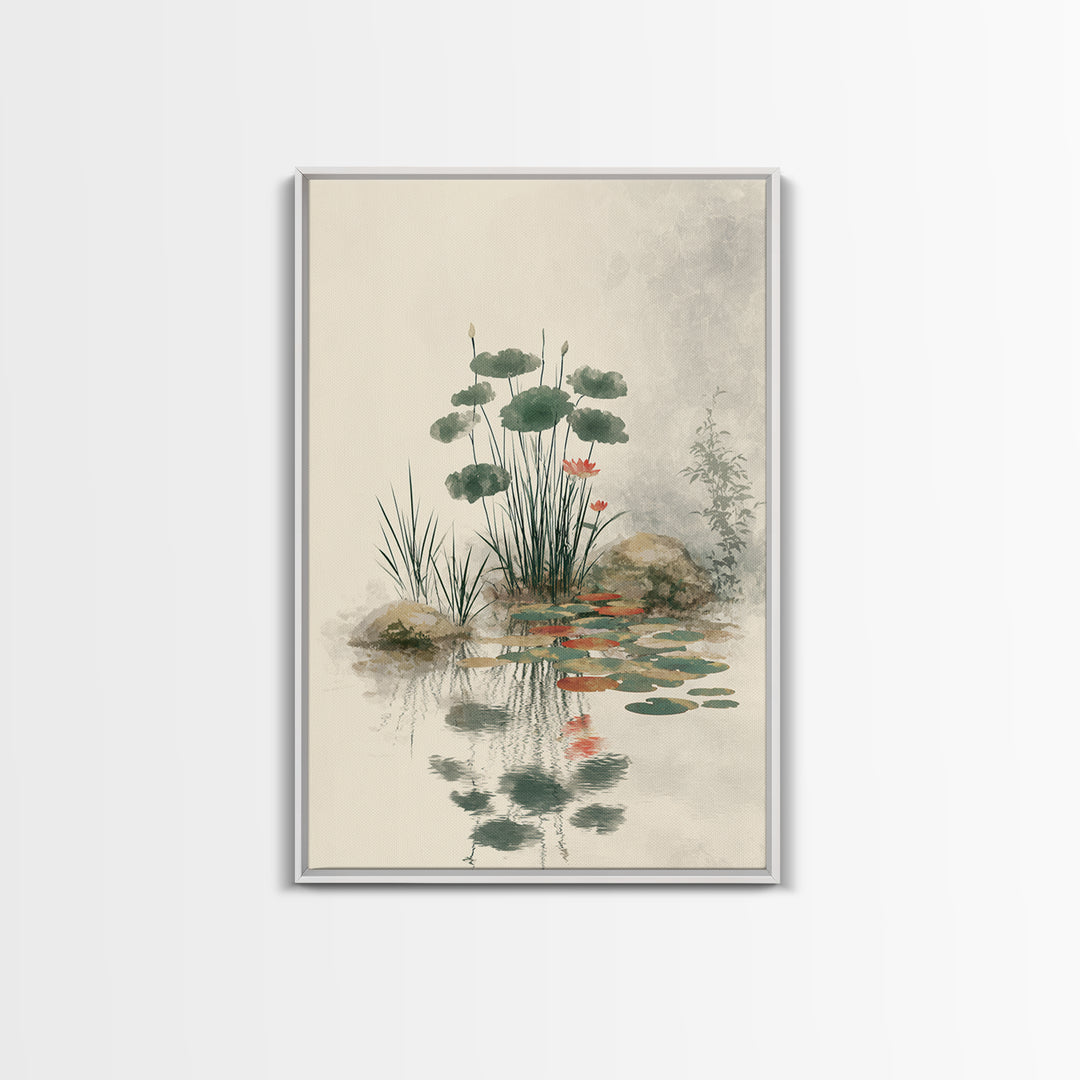 Moon Reflected in Quiet Pond Canvas Print, Zen Art, Living Room Decor, Oil Painting, Zen, Japanese Decor, Flower Print, ZEN-2x3-66