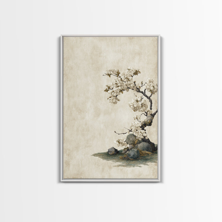 Falling Cherry Blossoms on Cream Ground Framed Canvas Print, Zen Art, Statement Artwork, Living Room Decor, Fine Art, Zen, ZEN-2x3-76