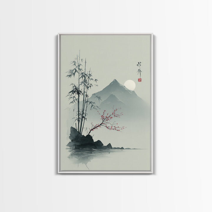 Minimal Mountain in Fog with Empty Space Framed Canvas Print, Zen Art, Contemporary Art, Living Room Decor, Oil Painting, Zen, ZEN-2x3-85