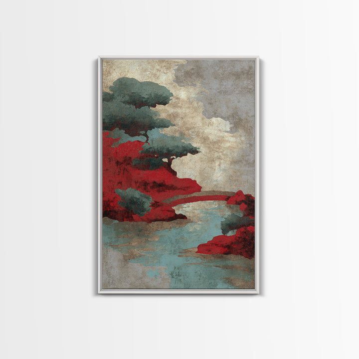 Japanese Garden Bridge Implied Through Shapes Framed Canvas Print, Zen Art, Japandi Wall Art, Living Room Decor, Watercolor Art, ZEN-2x3-94