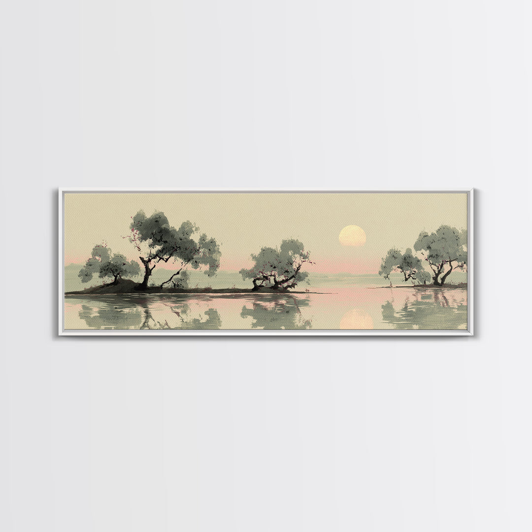 Moon Reflected in Quiet Pond Framed Canvas Print, Zen Art, Garden Art, Living Room Decor, Fine Art, Zen, Neutral Wall Art, ZEN-3x1-2