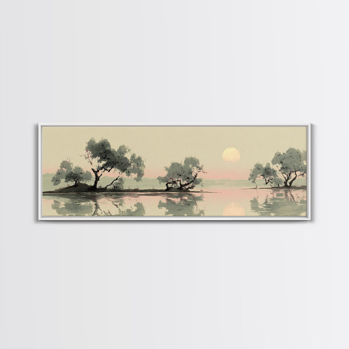 Moon Reflected in Quiet Pond Framed Canvas Print, Zen Art, Garden Art, Living Room Decor, Fine Art, Zen, Neutral Wall Art, ZEN-3x1-2