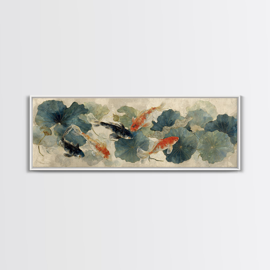 Koi Fish Beneath Floating Lotus Leaves Canvas Print, Zen Art, Neutral Wall Art, Living Room Decor, Fine Art, Zen, ZEN-3x1-20