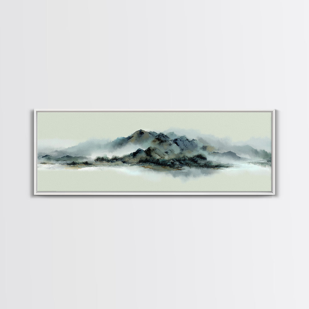 Minimal Mountain in Fog with Empty Space Framed Canvas Print, Zen Art, Luxury Decor, Living Room Decor, Fine Art, Zen, ZEN-3x1-69