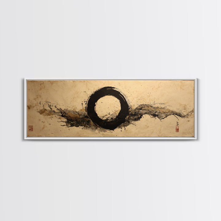 Single Black Ens Circle on Warm Paper Framed Canvas Print, Zen Art, Wall Art, Living Room Decor, Oil Painting, Zen, ZEN-3x1-89