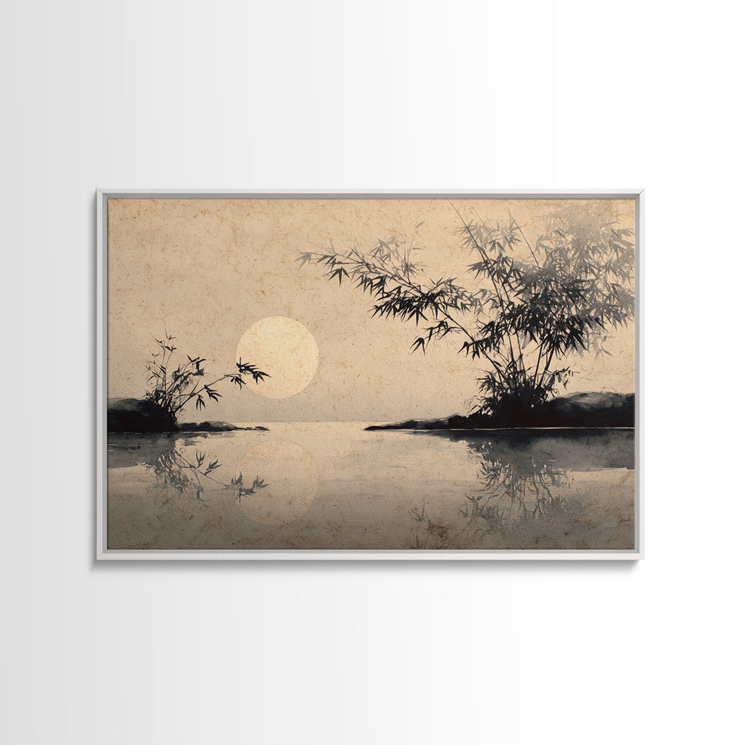 Moon Reflected in Quiet Pond Framed Canvas Print, Zen Art, Abstract Painting, Living Room Decor, Fine Art, Zen, Gallery Decor, ZEN-3x2-14