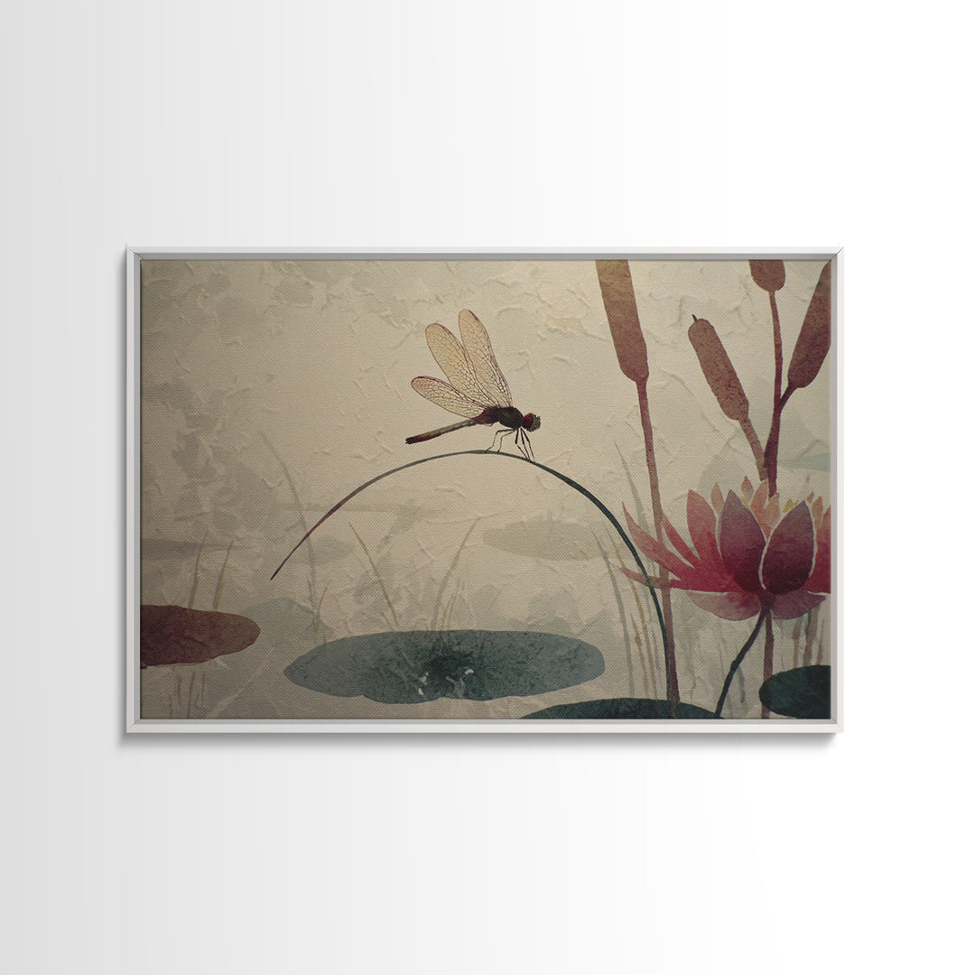 Dragonfly over Lotus Pond Canvas Print, Zen Art, Textured Painting, Living Room Decor, Watercolor Art, Zen, Abstract Art, ZEN-3x2-44