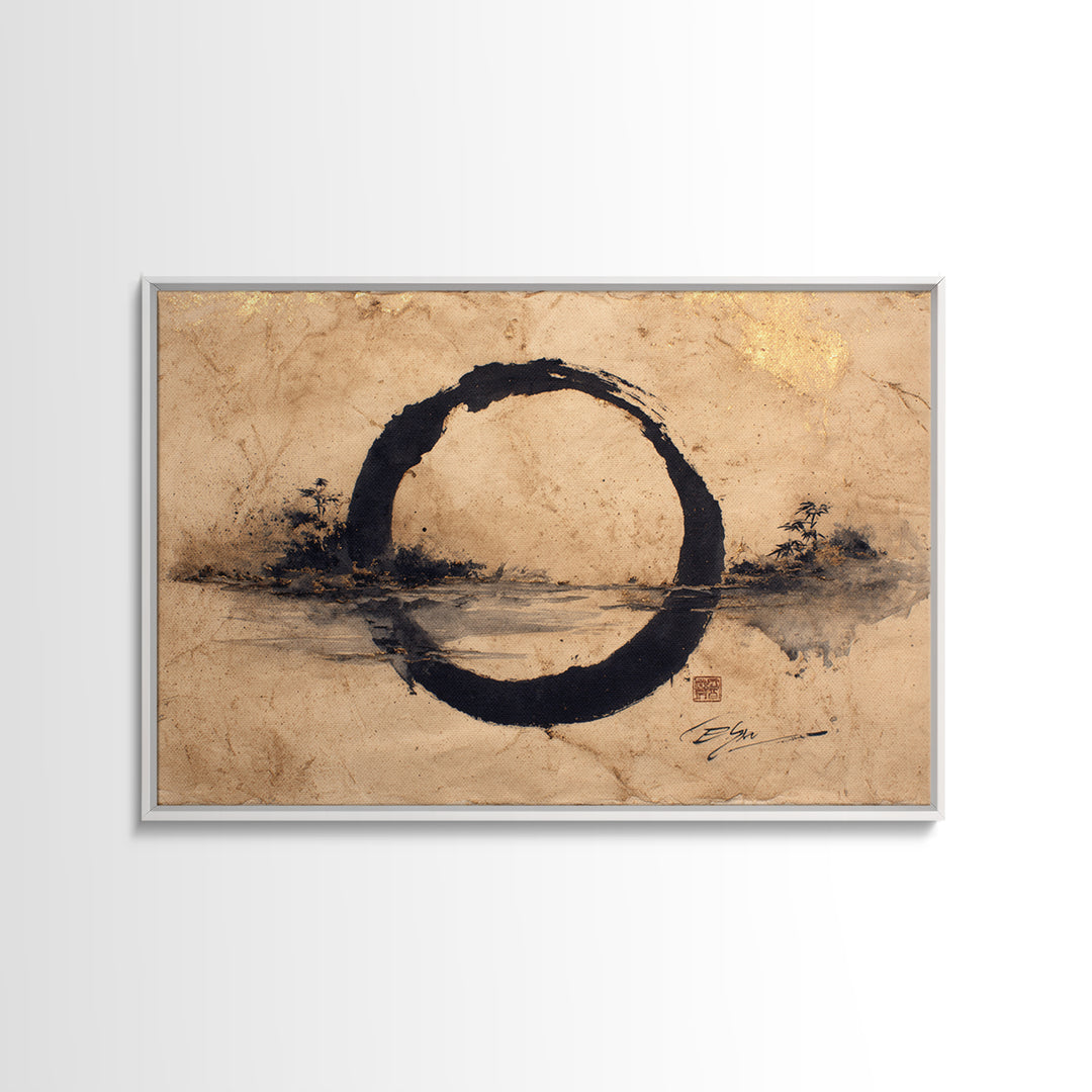 Single Black Ens Circle on Warm Paper Framed Canvas Print, Zen Art, Statement Artwork, Living Room Decor, Fine Art, Zen, ZEN-3x2-5