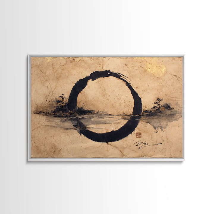 Single Black Ens Circle on Warm Paper Framed Canvas Print, Zen Art, Statement Artwork, Living Room Decor, Fine Art, Zen, ZEN-3x2-5
