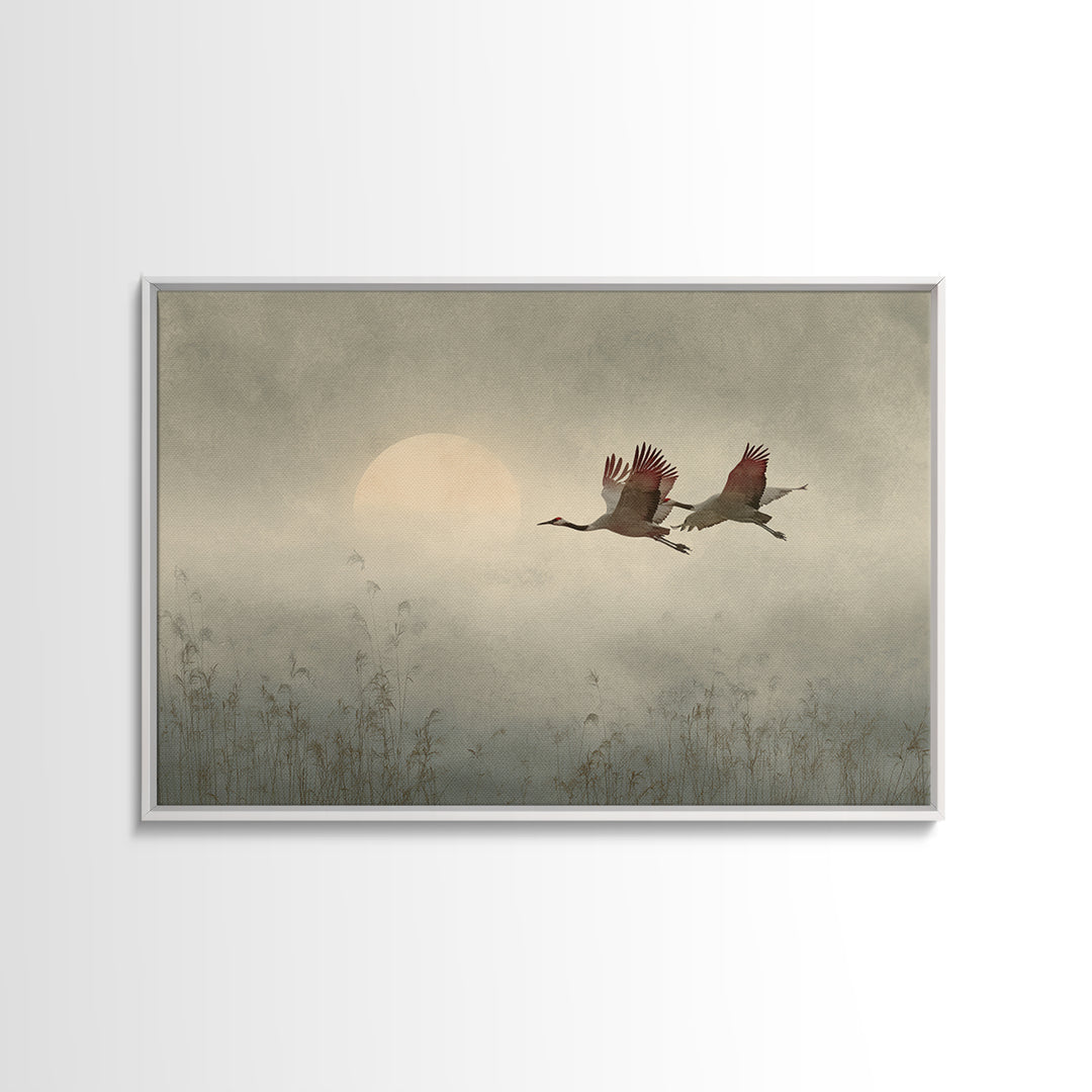 Crane Flying Across Pale Sun Canvas Print, Zen Art, Boho Decor, Living Room Decor, Abstract Art, Zen, Original Painting, ZEN-3x2-52