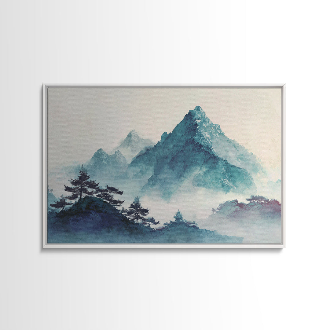 Minimal Mountain in Fog with Empty Space Canvas Print, Zen Art, Boho Decor, Living Room Decor, Fine Art, Zen, Original Painting, ZEN-3x2-57
