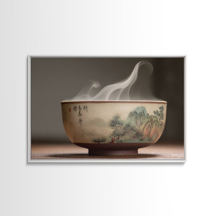 Tea Bowl with Steam Rising Gently Framed Canvas Print, Zen Art, Metal Wall Art, Living Room Decor, Zen, Japandi Wall Art, ZEN-3x2-60
