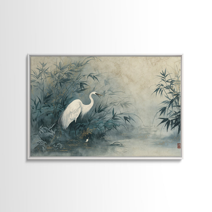 White Crane Standing Canvas Print, Zen Art, Japanese Decor, Living Room Decor, Fine Art, Zen, Luxury Decor, Textured Painting, ZEN-3x2-83