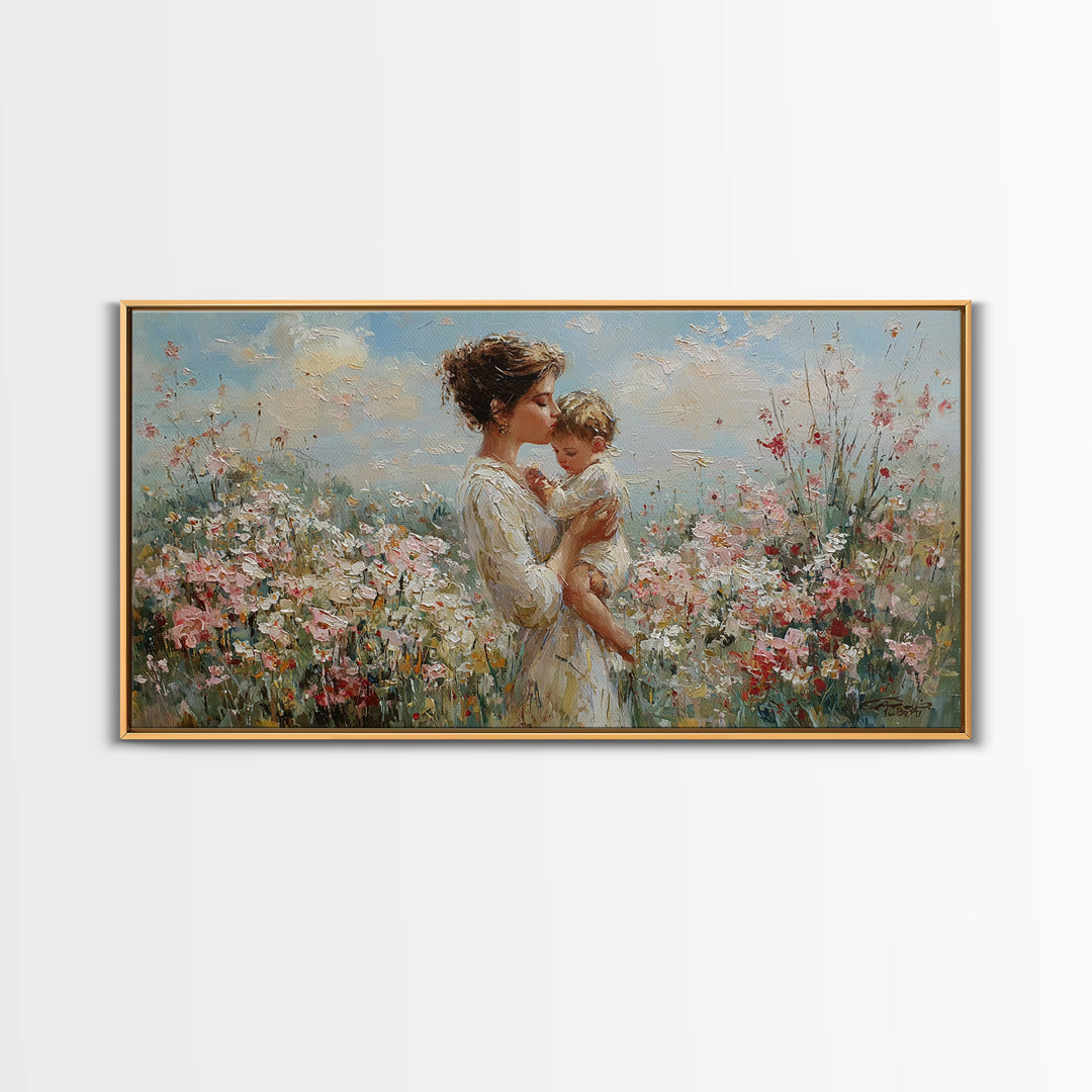 Mother Holding Baby In Sunlit Flower Field Wall Art, Impressionist Floral Canvas Print, Nursery Decor, Gift For Mom, Living Room Decor
