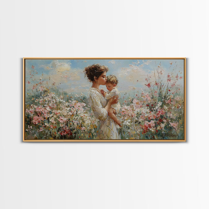 Mother Holding Baby In Sunlit Flower Field Wall Art, Impressionist Floral Canvas Print, Nursery Decor, Gift For Mom, Living Room Decor