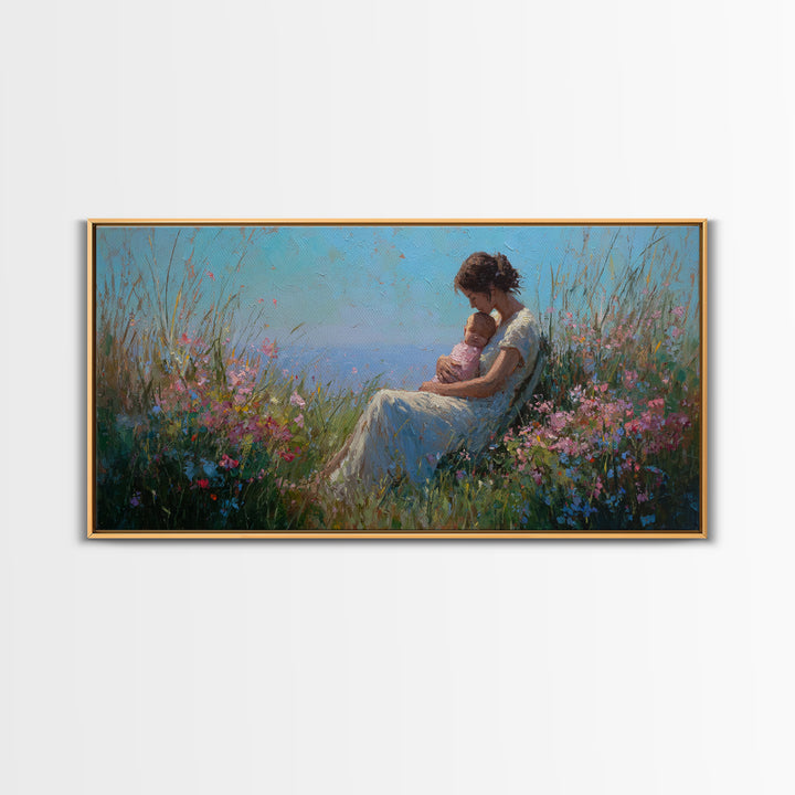 Mother Nursing Baby In Blue Meadow Canvas Print, Wildflower Wall Art, Peaceful Nursery Decor, Gift For New Mom, Boho Home Decor