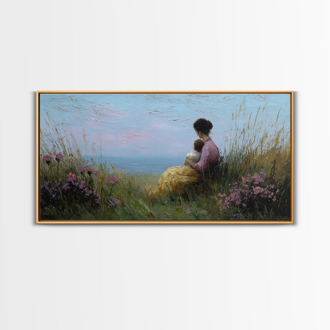 Mother And Child Beside Quiet Lake Wall Art, Impressionist Meadow Framed Canvas Print, Calming Nursery Decor Gift For Her