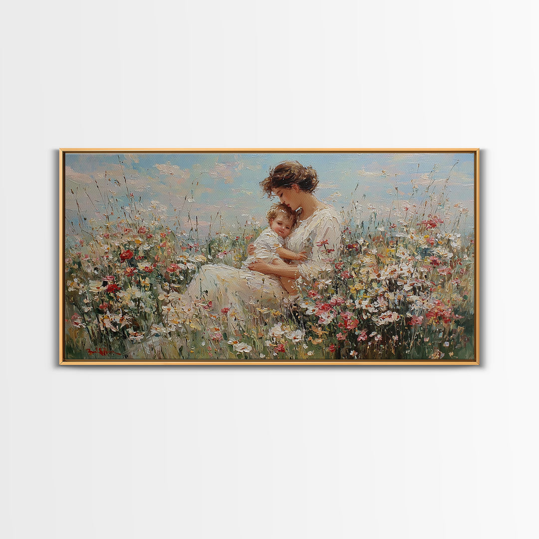 Mother And Baby Embraced Among Daisies Wall Art, Impressionist Floral Canvas Print, Nursery Wall Decor, Gift For Her, Motherhood Gift