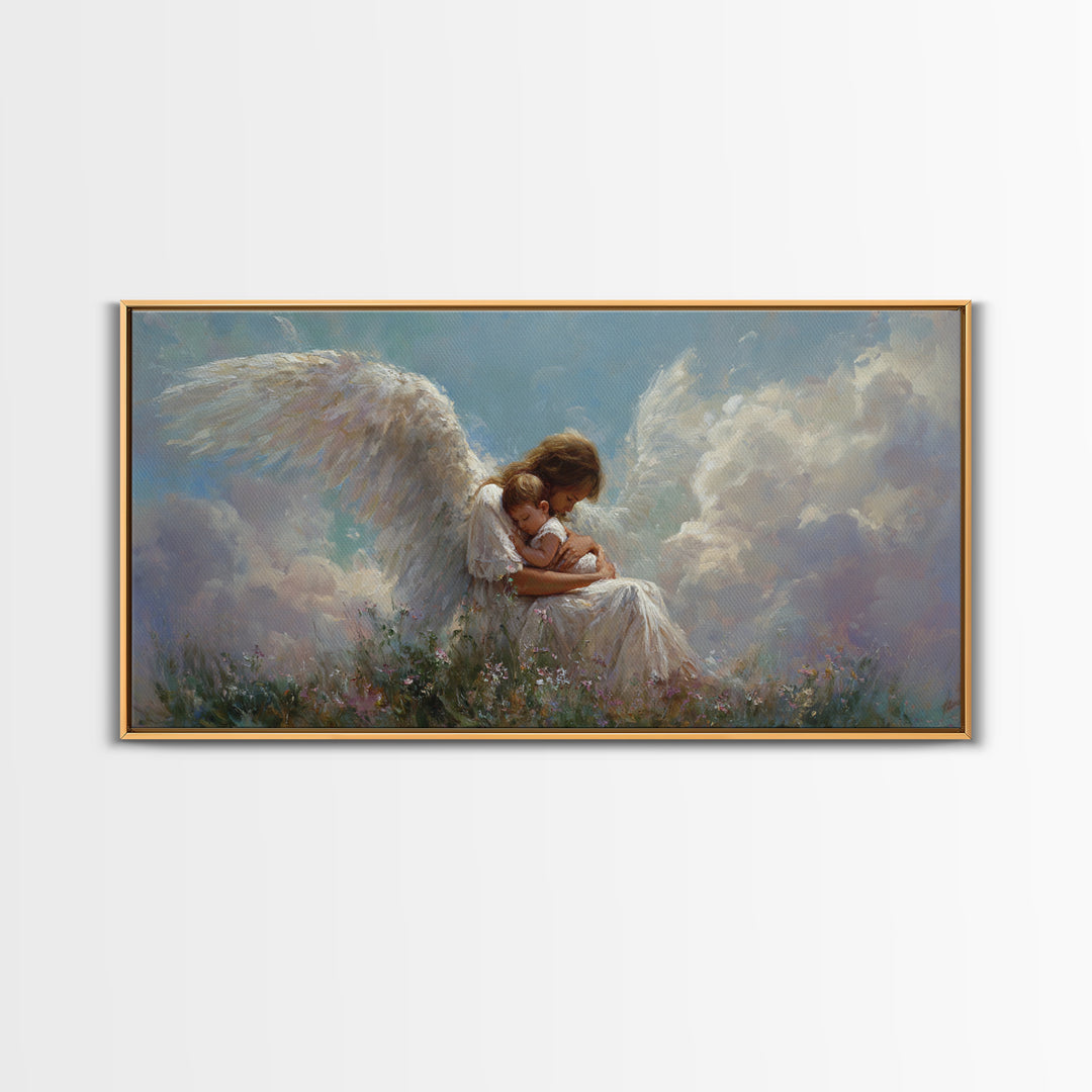 Guardian Angel Embracing Child In Clouds Wall Art, Heavenly Framed Canvas Print, Christian Nursery Decor, Sympathy Gift For Her