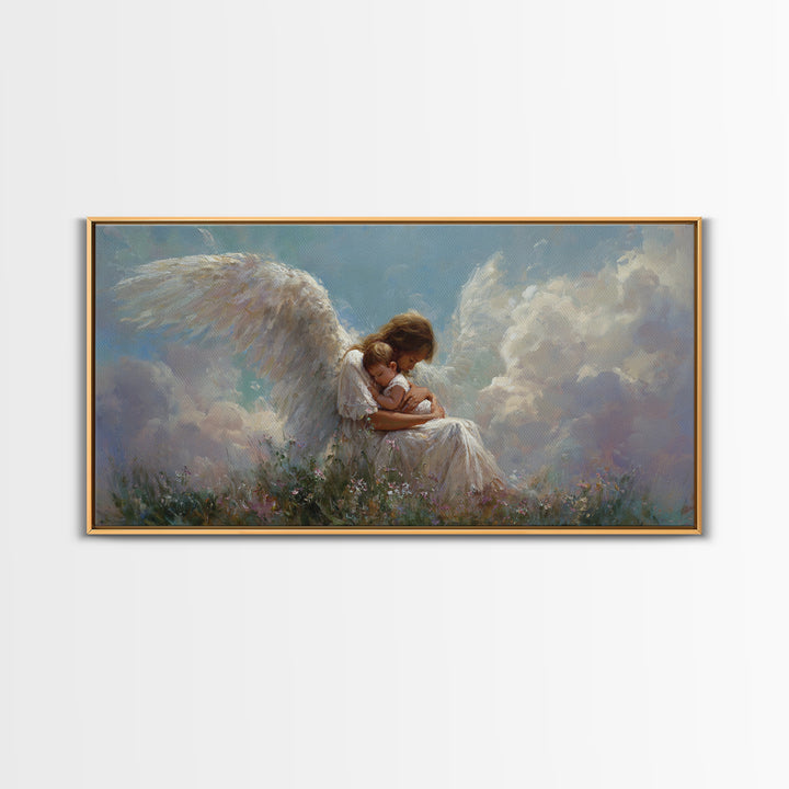 Guardian Angel Embracing Child In Clouds Wall Art, Heavenly Framed Canvas Print, Christian Nursery Decor, Sympathy Gift For Her