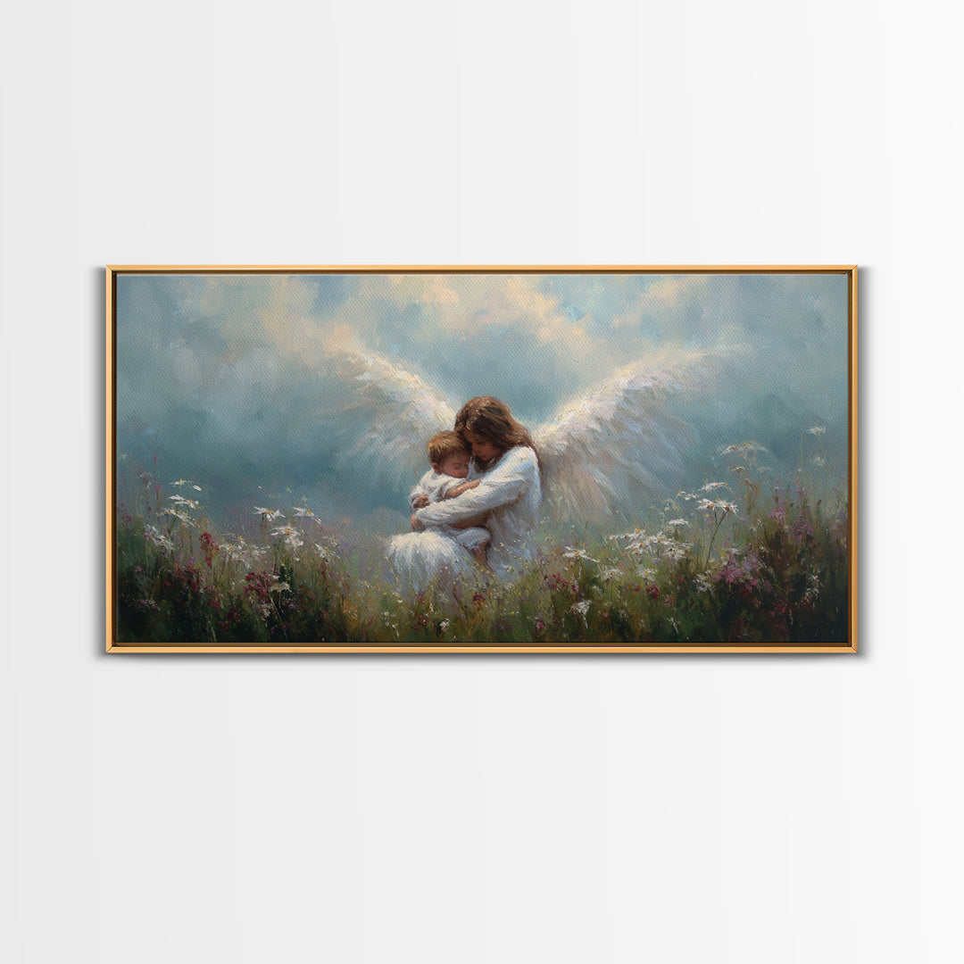 Guardian Angel Embracing Baby In Wildflower Meadow Framed Canvas Print, Christian Nursery Wall Art, Gift For Mom, Spiritual Home Decor