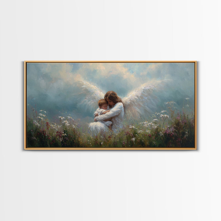 Guardian Angel Embracing Baby In Wildflower Meadow Framed Canvas Print, Christian Nursery Wall Art, Gift For Mom, Spiritual Home Decor