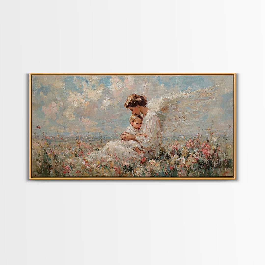 Seated Guardian Angel With Infant In Pastel Wildflowers Canvas Print, Christian Wall Art, Nursery Decor, Baby Shower Gift