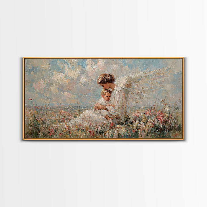 Seated Guardian Angel With Infant In Pastel Wildflowers Canvas Print, Christian Wall Art, Nursery Decor, Baby Shower Gift