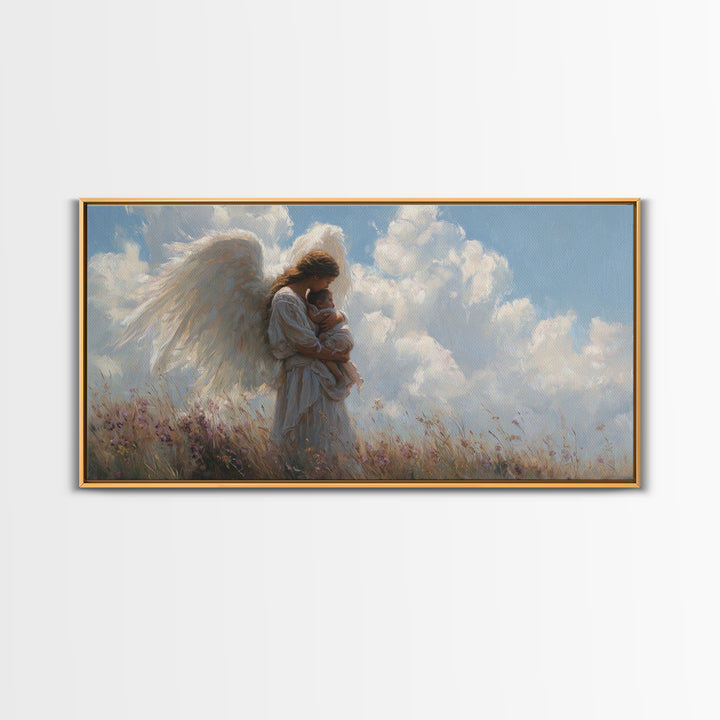 Angel Mother Cradling Baby Beneath Bright Clouds Framed Canvas Print, Christian Wall Art, Nursery Decor, Spiritual Gift For Her