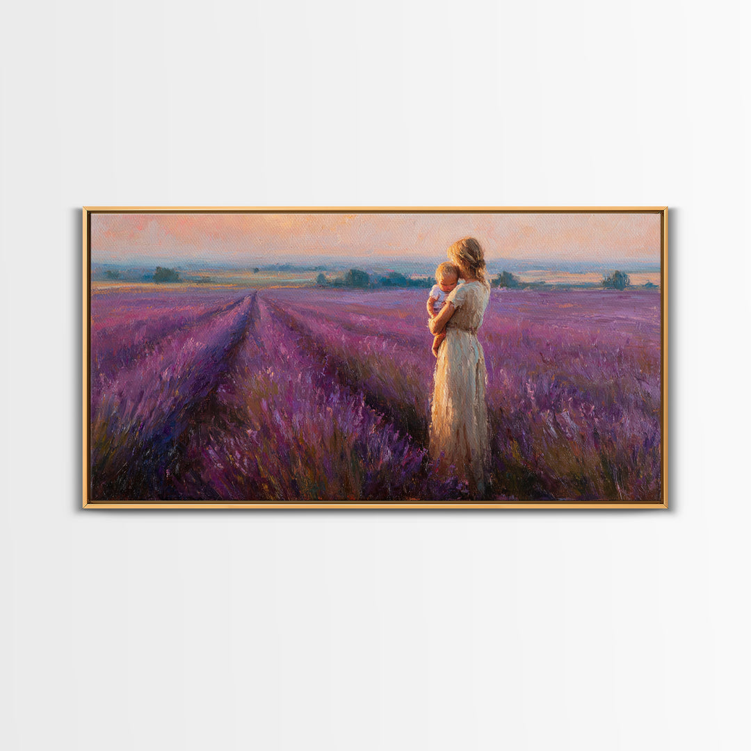 Mother And Baby In Lavender Rows At Golden Sunset Framed Canvas Print, Provence Landscape Wall Art, Gift For Mom, Home Decor