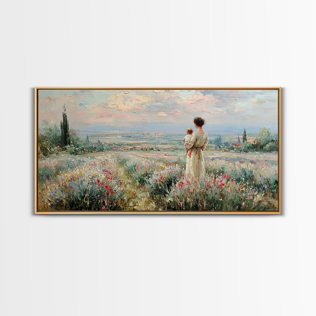 Mother With Baby Over Tuscan Wildflower Valley Canvas Print, Italian Countryside Wall Art, Mothers Day Gift, Living Room Decor