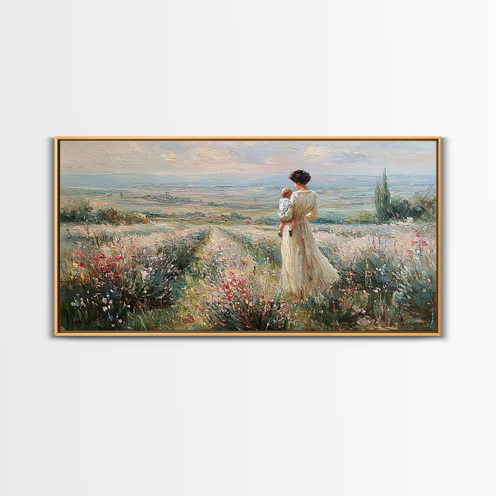 Mother Holding Baby Beside Tuscan Garden Path Wall Art, Italian Landscape Print, Framed Canvas Print, Housewarming Gift, Home Decor