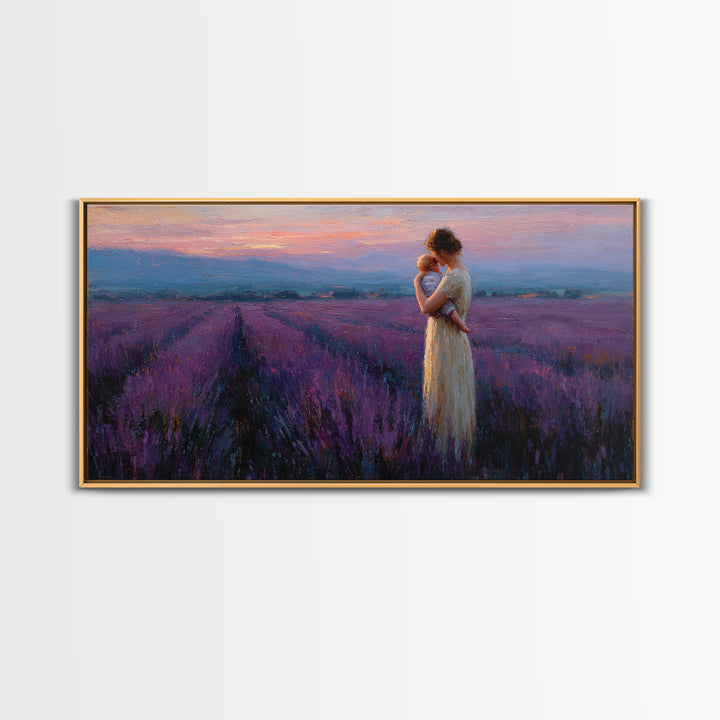 Mother And Baby In Lavender Field At Rose Dusk Canvas Print, Purple Landscape Wall Art, Mothers Day Gift, Romantic Home Decor