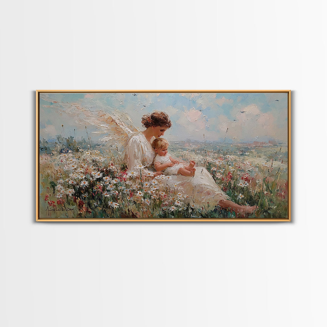 Seated Angel Holding Baby In Daisy Wildflower Meadow Framed Canvas Print, Christian Nursery Wall Art, Spiritual Home Decor