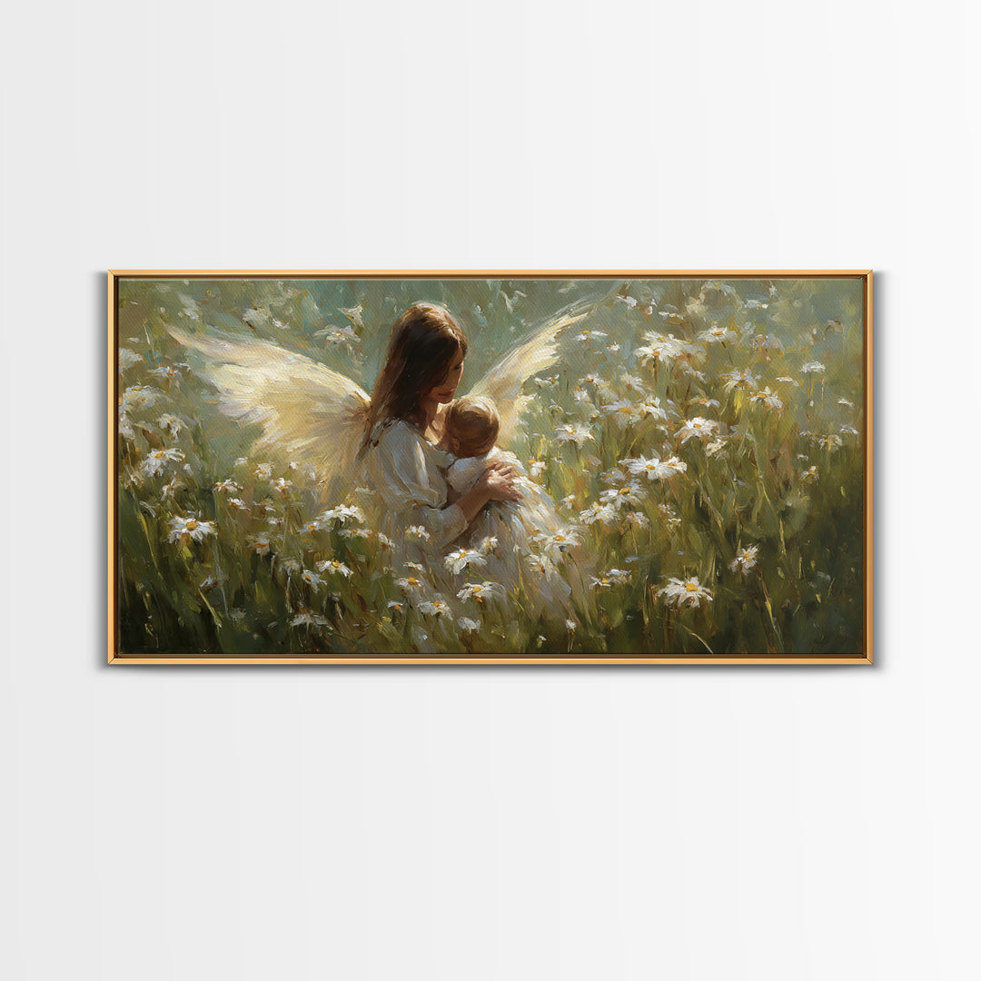 Guardian Angel Mother And Baby In Daisy Meadow Wall Art, Christian Nursery Decor, Spiritual Gift, Feminine Bedroom Decor